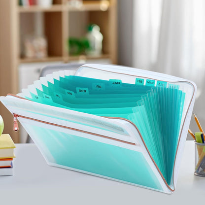 MEGREZ Expanding File Folder with 13 Pockets, 2 Pack A4 Paper File Folder with Zipper Color Labels, Waterproof Accordion File Folder Organizer for Home Office, Green & Pink