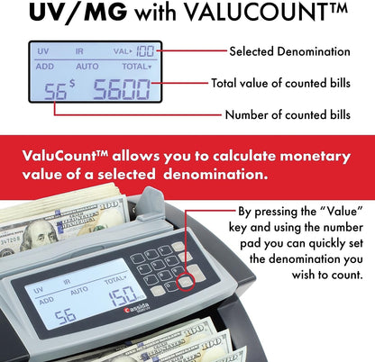 Cassida 5520 UV - USA Money Counter with ValuCount, UV/IR Counterfeit Detection, Add and Batch Modes - Large LCD Display & Fast Counting Speed 1,300 Notes/Minute