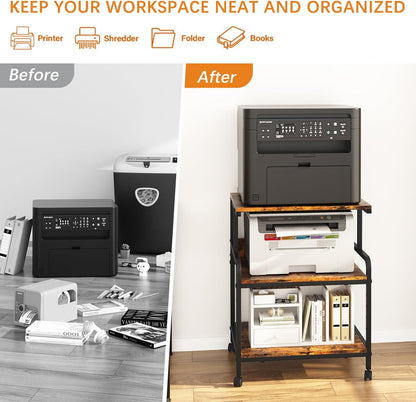 Large Printer Stand with Storage Shelf, 23.6" W x 18.9" D Printer Cart with Wheels, 3 Tier Mobile Printer Table for Home Office,Stands for Heat Press Scanner Fax (Brown)