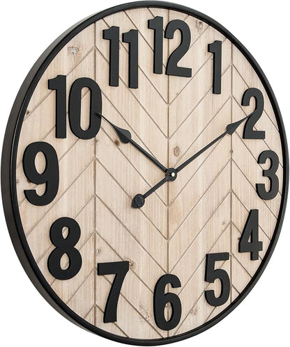 24 Inch Large Wall Clock for Living Room Decor, Rustic Wooden Farmhouse Wall Clock with Black Metal Frame, Battery Operated Non-Ticking Silent Wall Clocks for Home Decor (Brown)