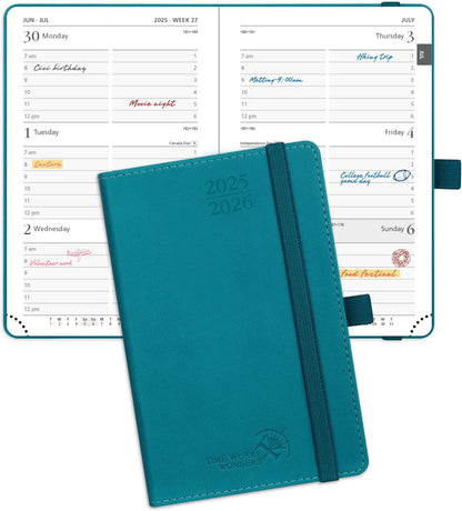 POPRUN Pocket Planner 2025-2026 (Purse Size 4'' x 6.25'') Academic Small Calendar (July 2025 - June 2026) with Hourly Time Slots, 100GSM Thick Papers, Leather Soft Cover - Pacific Green