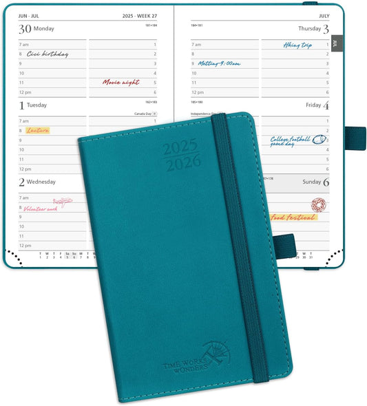POPRUN Pocket Planner 2025-2026 (Purse Size 4'' x 6.25'') Academic Small Calendar (July 2025 - June 2026) with Hourly Time Slots, 100GSM Thick Papers, Leather Soft Cover - Pacific Green