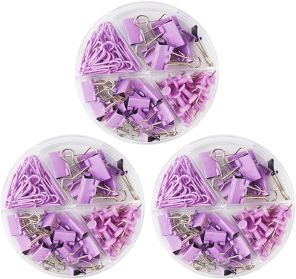 Purple Paper Clips and Binder Clips Set, 216 pcs, Metal Assorted Sized Binders with Push Pins, Cute Office Supplies for Desk, Durable Desk Accessories, 3 Pack
