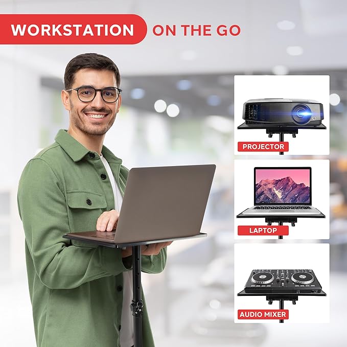 Pyle Universal Laptop Projector Tripod Stand - Adjustable Computer, DJ Equipment Holder Mount with 14'' x 11'' Plate, Height Adjustable 22 to 35 Inches - Portable for Stage, Studio,Home,and Office Use