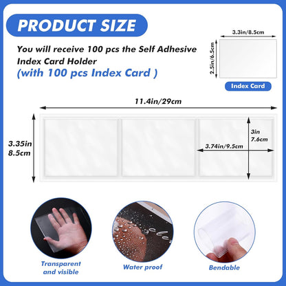 Circloophs 100 Packs Self Adhesive Index Card Pockets with Index Card, 3”x 3.7” Adhesive Label Holders – Plastic Clear Adhesive Label Pockets for Storage Bins, Locker, Shelves, Library, Office
