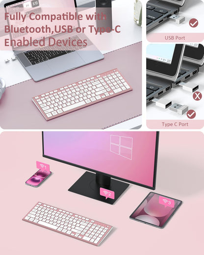 FENIFOX Wireless Keyboard, Bluetooth + USB Ergonomic Silent Quiet Rechargeable with Number Pad Cute Compact Full Size Multi Device Keyboards for iPad Tablet Mac Computer Surface PC MacBook Laptop Pink