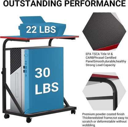 Ergonomic Height Adjustable Computer Tower Stand, 2-Tier CPU Holder Cart Under Desk, PC Floor Stand for Office Gaming Black and RED