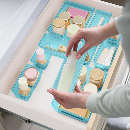 15 PCS Clear Plastic Drawer Organizer Set, 4-Size Acrylic Drawer Storage Trays, Storage Bins for Makeup, Gadgets, and Jewelry in Bathroom, Bedroom and Office, Clear Sea Blue