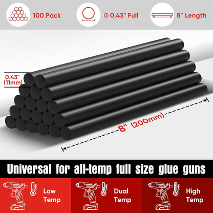 SHALL Full Size Hot Glue Sticks, 0.43” Dia x 8” Long, 100 Pack Black Glue Gun Sticks for All-Temp Glue Guns, Hot Melt Adhesive Glue Sticks Multipurpose for DIY Art Craft Sealing Repair Festival Decor