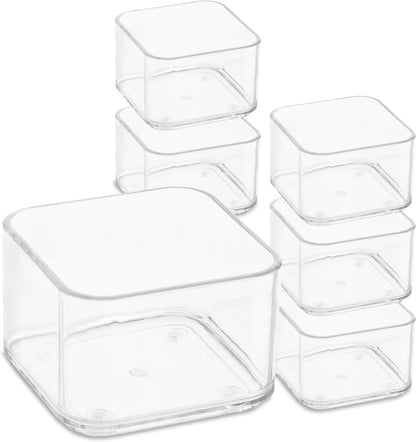 Plastic Clear Acrylic Drawer Organizers. Bathroom, Kitchen, Bedroom, Utensils, Office Organizer Bins, Storage Trays. Heavy Duty, Stackable. 3" x 3" x 2" Set of 6