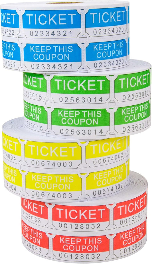 ESSENTIAL 4000 Assorted Double Raffle Tickets Set of 4 Assorted Color Printable for Leisure, Movie Watching, Entertainment