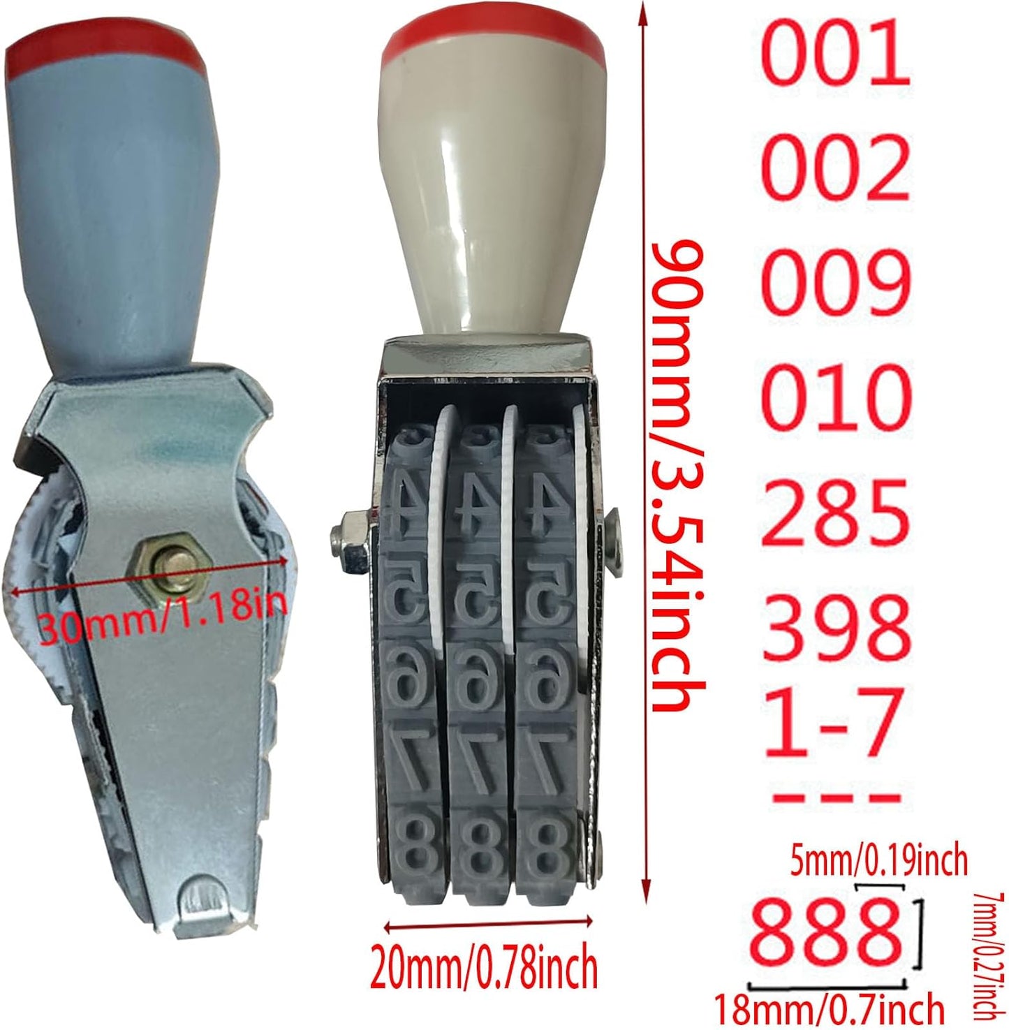 WANLIAN 3-Digit Adjustable Rubber Number Stamp - Customizable 0-9 Numbers & Symbols for Packaging, Office, Labels (18x7mm Imprint, Gray-Red)