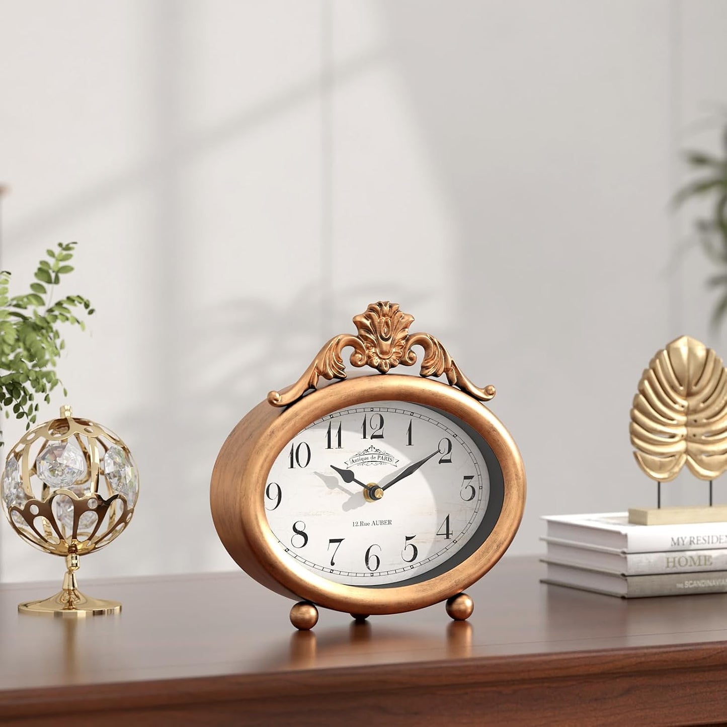 Vintage Table Clock, Desk and Shelf Decor Clock, French Rustic Antique Style Gold Mantel Clocks, for Farmhouse, Living Room, Bedroom, Bedside, Gift (7.87" H x 7.87" W)