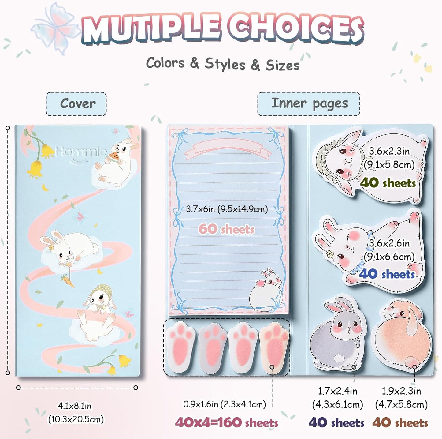 Hommie Cute Sticky Notes Set, Sticky Notes Set Planner Dividers, Easter Bunny Self-Stick Memo Pads with Animal Divider Tabs, Bundle Writing Designs for Office, School, Easter Party Supplies