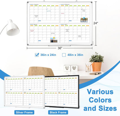 Dry Erase Calendar for Wall 4 Month, WALGLASS 36" x 24" Large Double-Sided White Board Calendar, Dry Erase Monthly Planner Board, Silver Aluminum Frame Hanging Wall Mounted for Office Home School