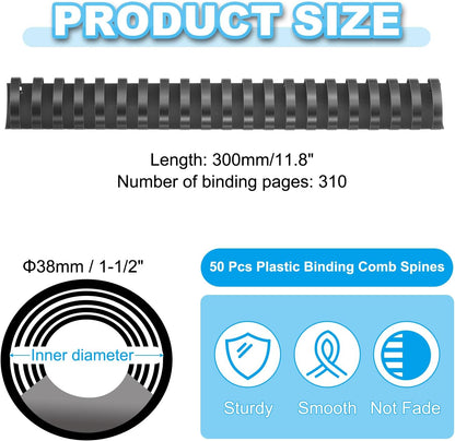PATIKIL 38mm (1-1/2") Plastic Binding Combs, 50 Pcs 21 Rings Comb Binding Spines 310 Sheet Capacity Letter Size for Binding Paper Sheets Notebook Calendar Picture Album, Black