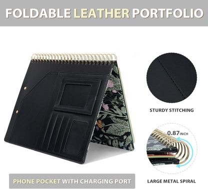 Clipboard with Storage for Men Women, Leather Padfolio Portfolio Organizer 5 Folders with 10 Pockets, Spiral Clipboard Folio with Notepad for Letter Size, Elastic Closure and Pen Loop Floral