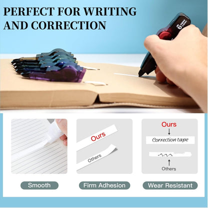 Refillable Quick-Dry White Correction Tape Set, 118ft(36m) Total, 6-Count Pack, Aesthetic Cute Pen-Shaped Applicator, School & Office Supplies(Black)