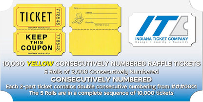 INDIANA TICKET CO. 10,000 Yellow CONSECUTIVELY Numbered Raffle Ticket Roll. 5 Rolls of 2,000, for Classroom Rewards, Events, Fundraisers, Door Entry, Raffles, Prizes, Drink/Food Tickets, & More