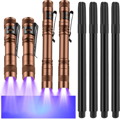 Tegeme 8 Pcs Black Light Markers Set 4 Invisible Ink Pen 4 Mini UV Flashlights Invisible Ink Marker Disappearing Pen for Class Prizes Spy Gift Party Favors(Bronze and Black)
