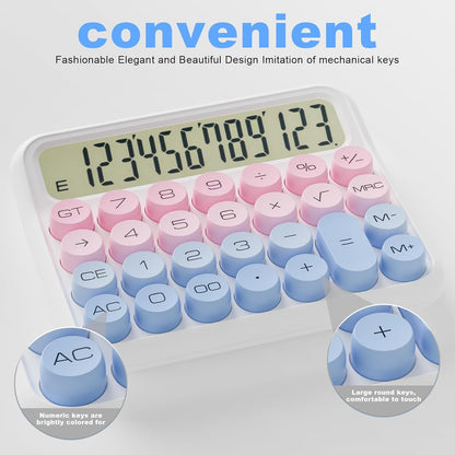Mechanical Calculator 12 Digit Extra Large 5-Inch LCD Display, DECKLIT Battery Desk Calculator, Big Buttons Easy to Press Office Calculators Desktop, 15°Tilt Screen for Kids Calculator(Blue&Pink)