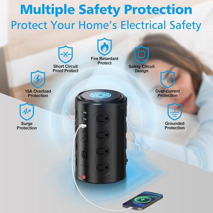 Power Strip Tower Surge Protector with 16 Outlets and 5 USB Ports (2 USB-C), 15FT Extension Cord with Multiple Outlets,Heavy Duty Charging Station,Home Office Dorm Room Essentials.