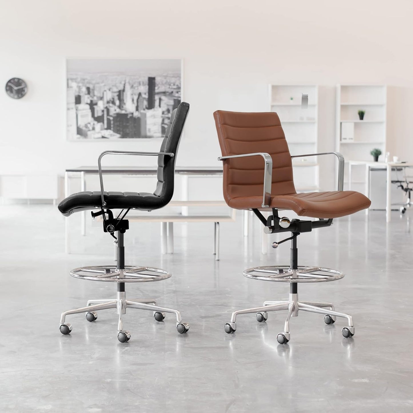 Laura Davidson Furniture SOHO II Ribbed Drafting Chair for Standing Desks, Standing Desk Chair - Ergonomically Designed, Draft Height, Arm Rest & Cushion, Made of Poly-Cotton Fabric, Orange Fabric