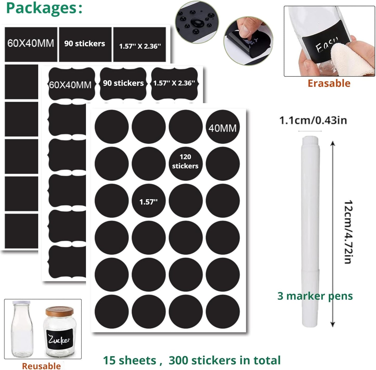 Chalkboard Label 300 Pcs Waterproof Reusable Labels for Food Containers Chalk Sticker Labels with 3 Liquid Chalk Markers for Mason Jars, Parties Decoration, Craft Rooms, Storage, Home, Kitchen