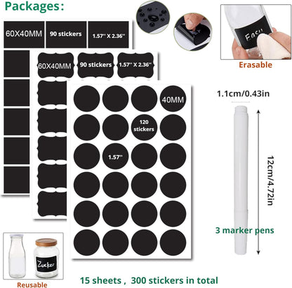 Chalkboard Label 300 Pcs Waterproof Reusable Labels for Food Containers Chalk Sticker Labels with 3 Liquid Chalk Markers for Mason Jars, Parties Decoration, Craft Rooms, Storage, Home, Kitchen
