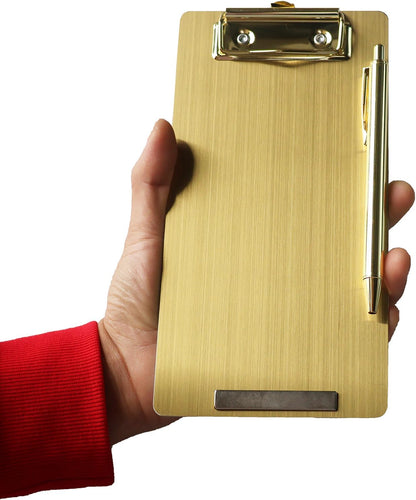 Stainless Steel Magnetic Clipboard with Pen - Multiple Sizes, Magnetic Design, Essential for Office and Home (Gold 4.3 x 8.5 Inches)