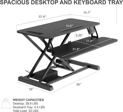 Rocelco 37.4" Electric Standing Desk Converter with Anti-Fatigue Floor Mat - AC USB Charger - Motorized Adjustable Sit Stand Up Computer Workstation Riser - Large Keyboard Tray - Black (R EDRB-MAFM)
