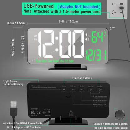 KOSUMOSU Desk Clock 6.7in Black Digital Alarm Clock with Dual Alarm, Dimming, Date, Day of Week, Temp, 12h 24h, Digital LED Clock for Table Decor, Digital Calendar Mirror Clocks Essentials
