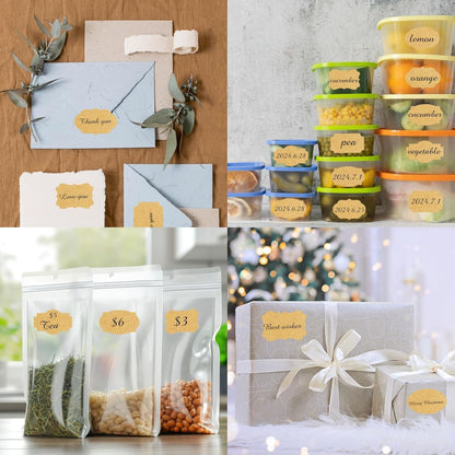 350 PCS Gift Tags Stickers Name Labels Stickers,2" x 1.2" Fancy Shape Stickers Self-Adhesive Handmade Bottle All-Purpose Jar Labels for Presents Cosmetic Decoration Jars Food Craft (Kraft)