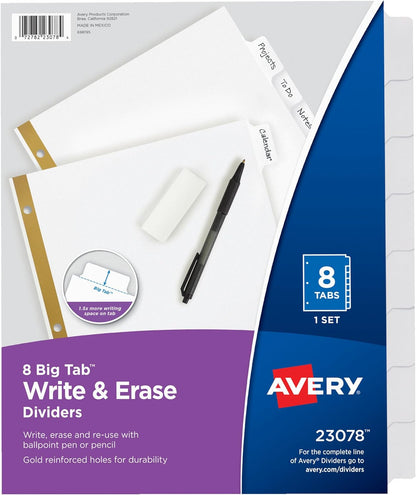 Avery 8-Tab Binder Dividers, Write & Erase White Big Tabs, 1 Set (23078)