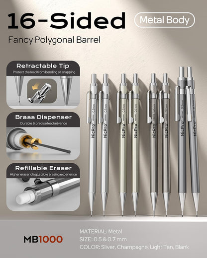 Nicpro 8 Pack 0.5mm & 0.7mm Metal Mechanical Pencil Set, MB1000 Lead Drafting Pencil for Artist Writing, Sketching, Drawing with 8 Tubes HB Lead Refills, 3PCS 4B Eraser, 9PCS Cap Eraser - With Case