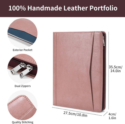Vegan Leather Portfolio with Front Pocket for Women, 8.5 x 11 Legal Pad Notepad Holder, Zippered Business Organizer, Professional Executive Letter Notebook Folder for Work, Pink