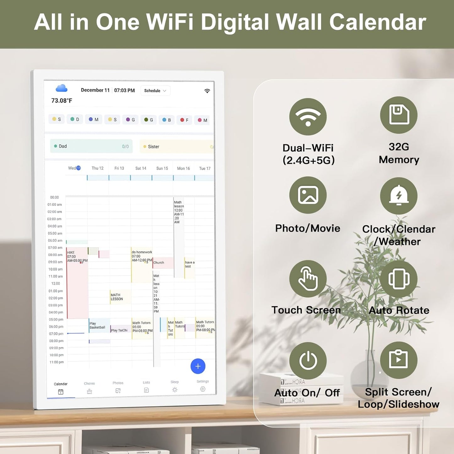 24" Digital Wall Calendar Chore-Chart-for-Planner - Touchscreen Display Smart Calendar for Family Monthly/Weekly Planner, To Do List Notepad, Streamline Household Organization, Desk Mount Included