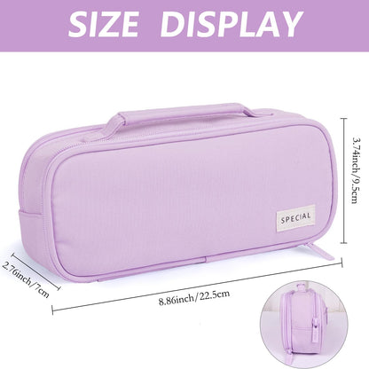 MAMUNU Pencil Case Large Capacity with 3 Compartments, Pencil Case Pouch Bag with Zipper Handle Portable Pen Stationery Organizer for Teen Girls Adults College School Office Travel, Purple