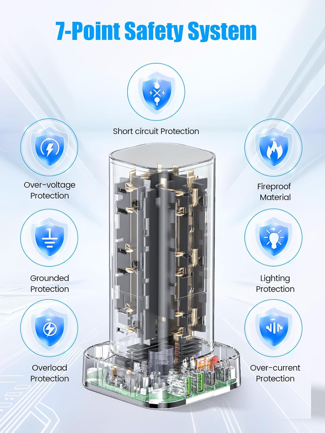 Tower Power Strips with Surge Protection, 6FT Flat Extension Cord with Multiple Outlets, 12 AC 4 USB Ports, Overload Protection Charging Station for Office Home Dorm Room Travel (White)