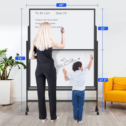 Double-Sided White Board on Wheels, 48x60 Inch (4'x5') Large Magnetic Mobile Dry Erase Board, Height Adjustable Stand Rolling Whiteboard for Office, Classroom, Home School Use, Black