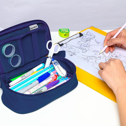 Pencil Case Pouch Box Bag School Supplies Girls Boys Kids, Cute Preppy Stuff Large Big Capacity Aesthetic Pen Organizer, Back to College Stationary, Midnight Blue, Heavy Duty Canvas, 1800ml