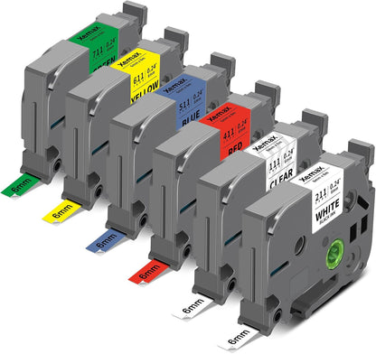 6-Pack 6mm 0.23" Multi-Color Label Tape Compatible for Brother P Touch Label Refills 1/4" Tze Tz Tape Laminated Work for PTD220 PTH100 PTH110 PTD202 PTD210, Clear/White/Red/Blue/Yellow/Green
