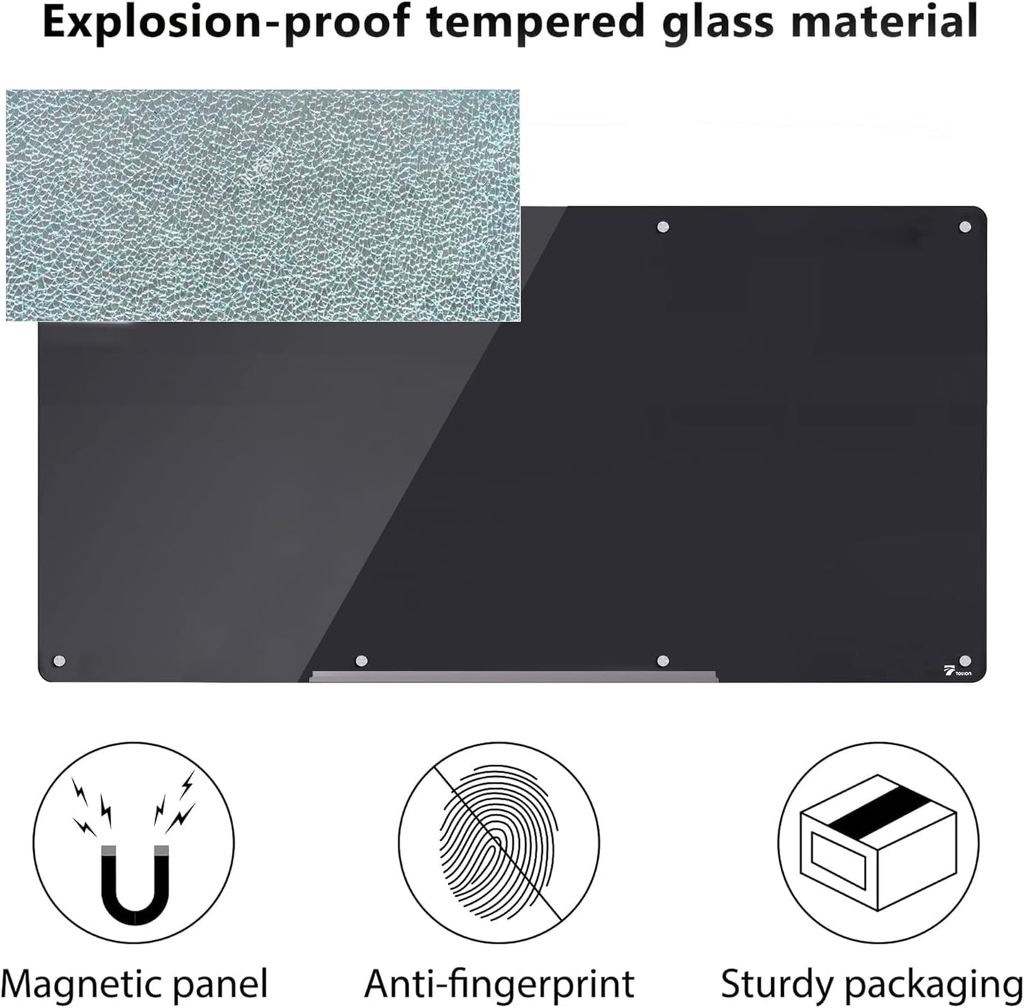 TOWON 8 x 4ft Glass Whiteboard Wall, Black Magnetic White Board Dry Erase 96 x 48 in, Big Glass Dry Erase Board with Multi-Color Markers, Strong Magnets, Pen Tray and Eraser, Frameless