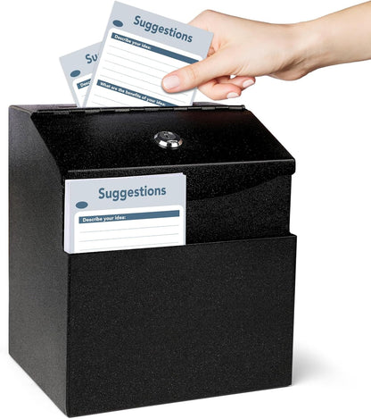 Suggestion Box with Slot and Lock Metal 8.4 x 5.8 x 7.0 inch Built-In Storage Compartment 50 Suggestion Cards Tip Jar Ballot Voting Prayer Comment Teacher Mailbox Booth Classroom Restaurant