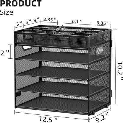 Marbrasse 5-Tier Letter Tray Paper Organizer with Handle, Multi-Functional Mesh File Organizer for Desk, Adjustable Compartments Mesh Desktop Storage for Office Supplies,Black