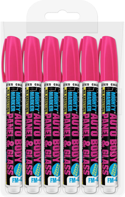 FM-43 Auto Body and Glass Paint Marker, No-Ghost, Highly Water-Resistant, 2.3mm Bullet Tip, Valve Action, 6 Bonus Reversible Tips, Made in USA - Fl. Pink 6 Pack