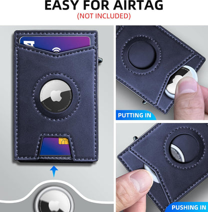 Airtag Wallet for Men,with Money Clip Gift Boxed,Slim Front Pocket Wallet RFID Blocking Metal Case Smart Pop-up Credit Card Holder in Magnetic Leather Flip