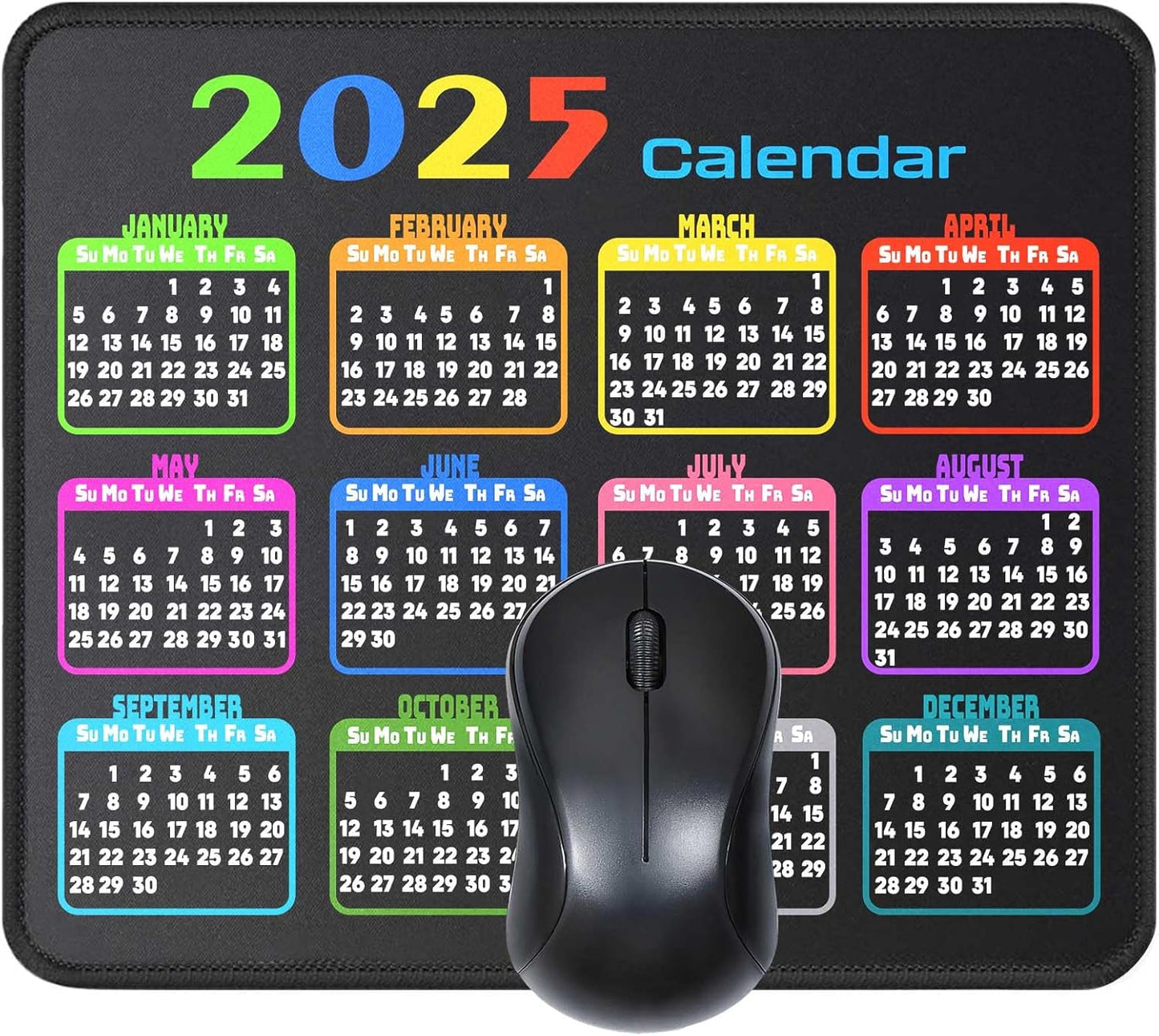 Calendar Mouse Pad 9.5 X 7.8 in, Mouse Pads with Stitched Edges and Non-Slip Rubber Base, Home Office Desk Decor Accessories for Computer Laptop Work Gaming (Black 2025)