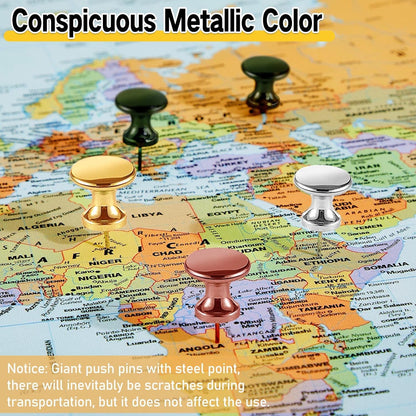Outus 100 Pcs Giant Push Pins Large Thumb Tacks Plastic Heads 1 Inch Jumbo Push Pins for Cork Board Map Posters Office School(Gold, Silver, Bronze, Rose Gold, Gray)