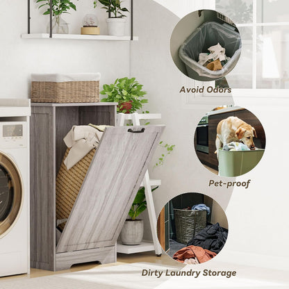 Tilt Out Trash Can Cabinet, Wooden Dog Proof Trash Can Cabinet Laundry Hamper, Hidden Large Recycling Bins for Kitchen, Living Room, Bathroom, Wash Grey